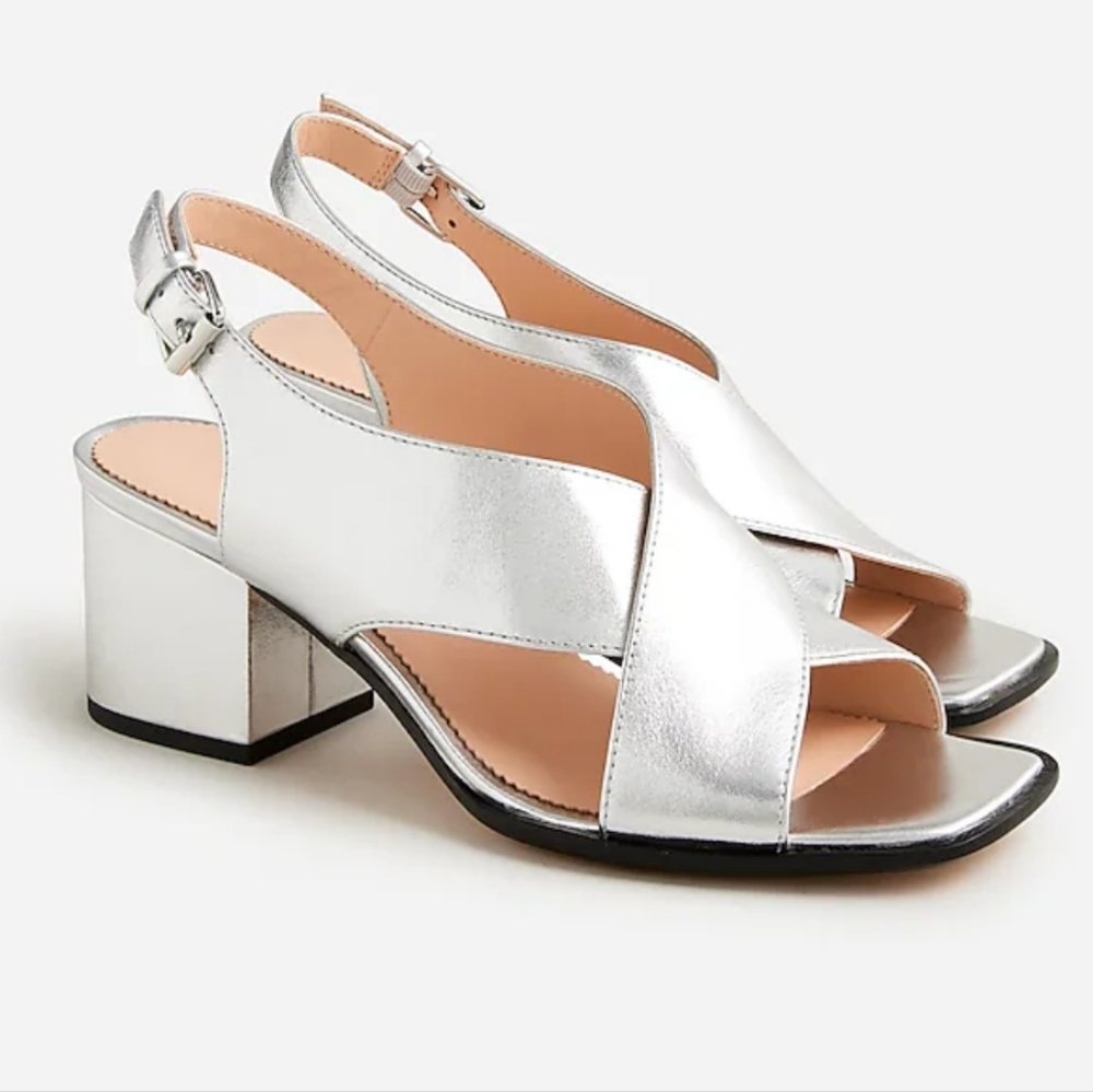 Dylan crisscross block-heel sandals in metallic leather